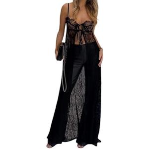 Women See Through Lace Dress Y2k Sexy Sheer Mesh Bodycon Long Dress Spaghetti Strap Sleeveless Cover Up Maxi Dress, L