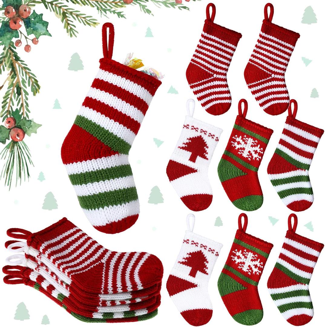 8 Pcs Mini Christmas Stockings 2 x 5 Knit Stocking Small Xmas Baby Christmas Hanging Stocking Stripe Snowflake Pine Tree Xmas Tiny Stocking Set for Christmas Tree Gift Ornaments Decor