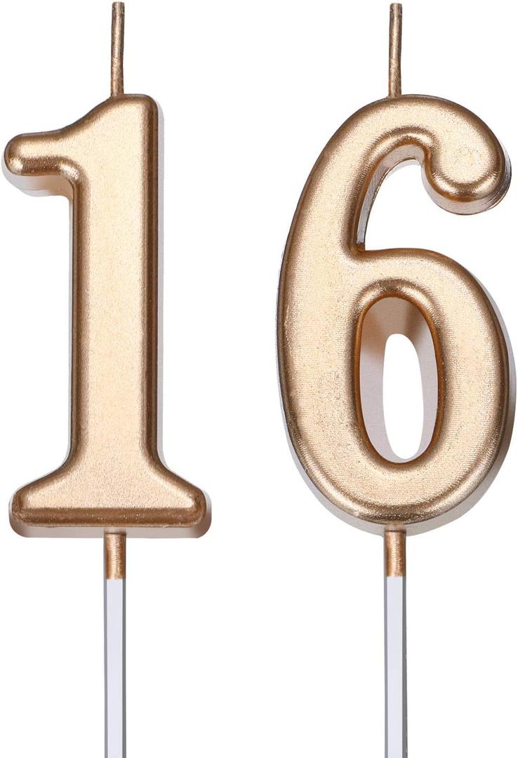 16th Birthday Candles Cake Number Candles Happy Cake Topper Decoration for Birthday Wedding Anniversary Celebration Party Favor, 3.54 Inches Total Length (Champagne Gold)