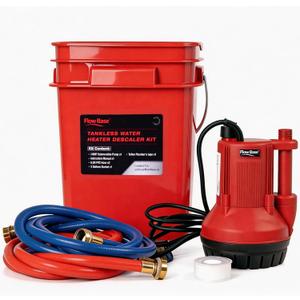 Tankless Water Heater Flushing Kit, 1/6HP Submersible Pump with 1500GPH Max Flow & 23ft Max Head, 3 Gallon Buckets, 2×6.5ft PVC Hoses & Teflon Plumber’s Tape