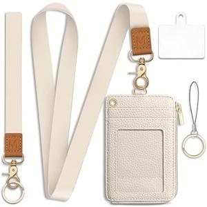 Mavellin Lanyard Wallet with Id Badge Holder, White RFID Small Keychain Wallet Women Wristlet, Minimalist Zipper Credit Card Holder Phone Wrist Neck Strap for Key Name Tag, Teacher Student Office Gift