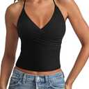 REORIA Women's Basic Cross Wrap V Neck Backless Double Lined Halter Tank Tops Cute Summer Trendy Sleeveless Shirts S