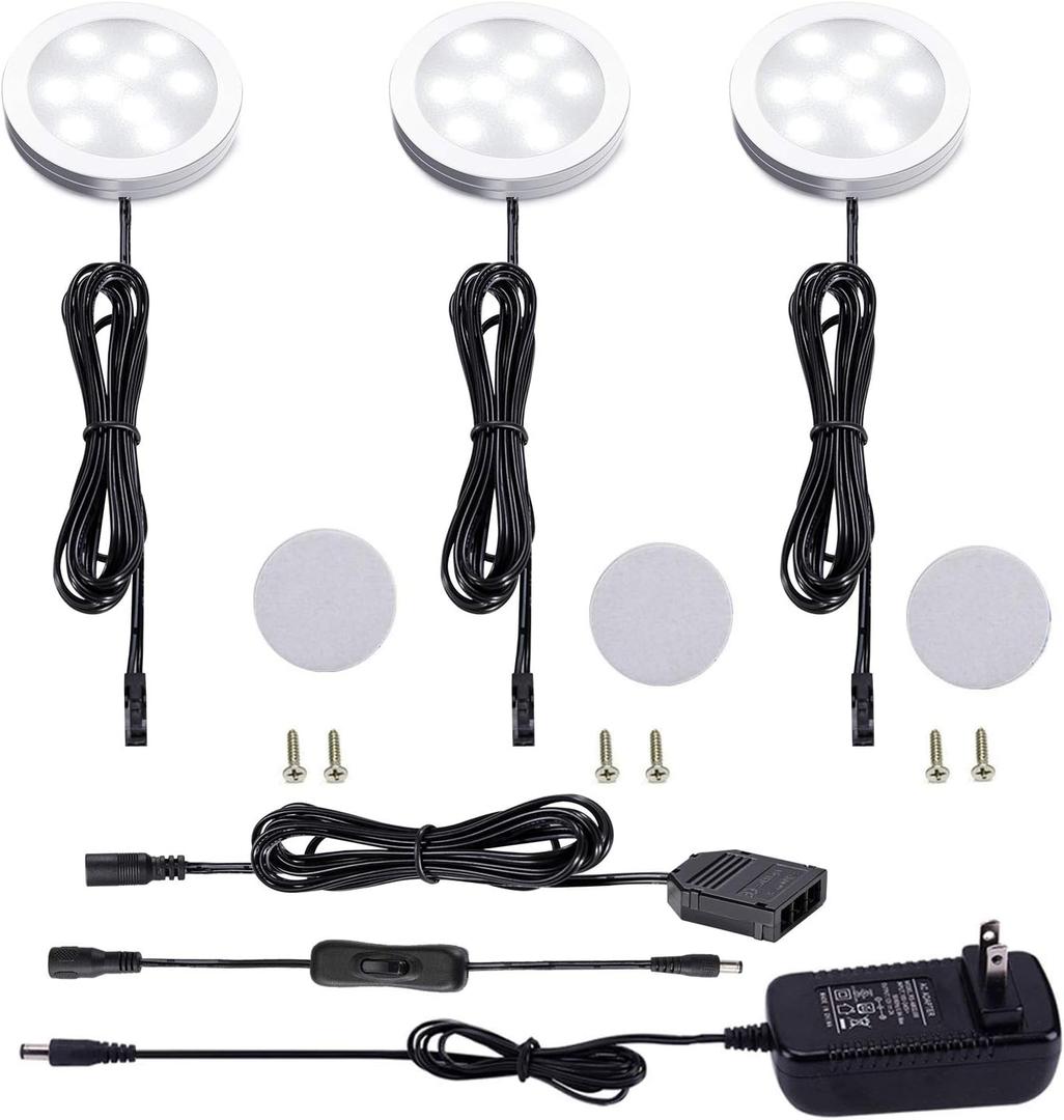 AIBOO 12V LED Under Cabinet Lighting Kit 3 Packs Slim Aluminum Puck Lights with 2-Way Switch All Accessories Included for Counter Closet Lighting 6W (Daylight White)