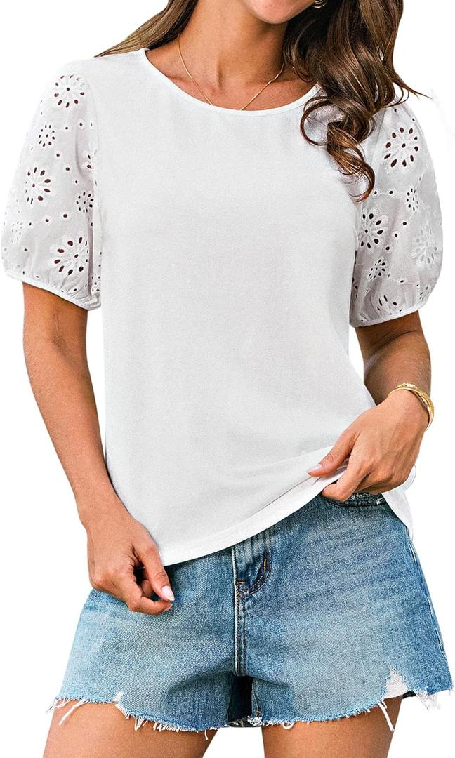 Spring Women's Dressy Tops Casual Trendy Eyelet Blouses Puff Sleeve Loose Fitting T Shirts Crewneck Work Blouse Ivory 2XL (White, XXL)