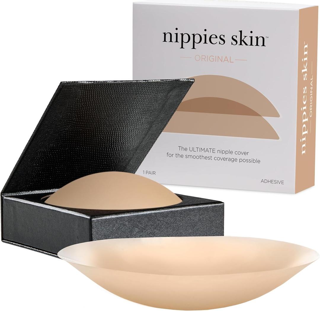 Nippies Nipple Covers for Women with Travel Case, Reusable Nipple Pasties with Skin-Safe Adhesive, Invisible Braless Solution under Clothing - Original Circle Covers, Caramel, Size 1 (Fits A-C Cups)