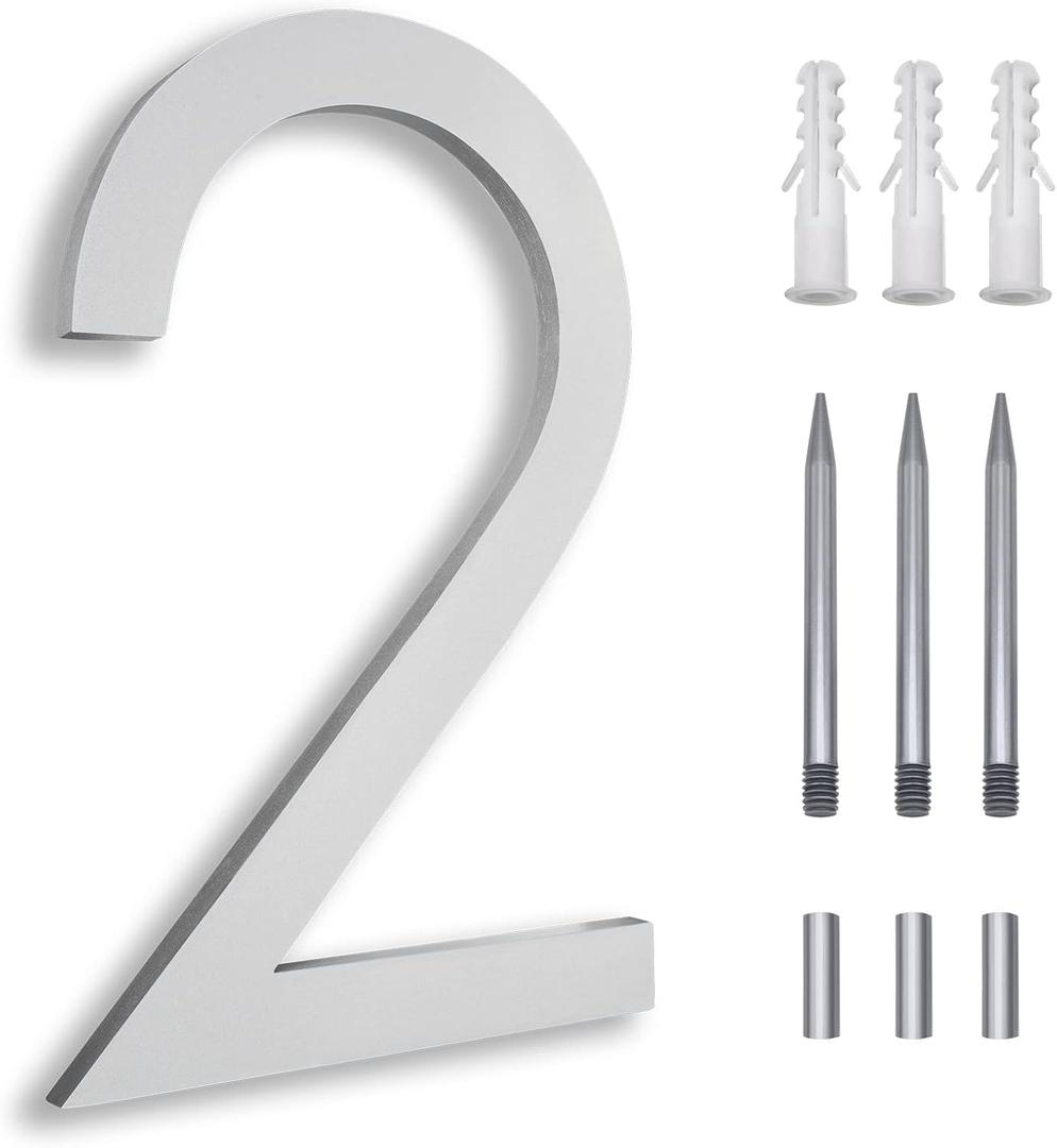 8 Inch Floating House Numbers, Address Numbers for Outside, Metal Silver Large Modern House Numbers, Door Numbers for Mount Aluminum Silver Number 2