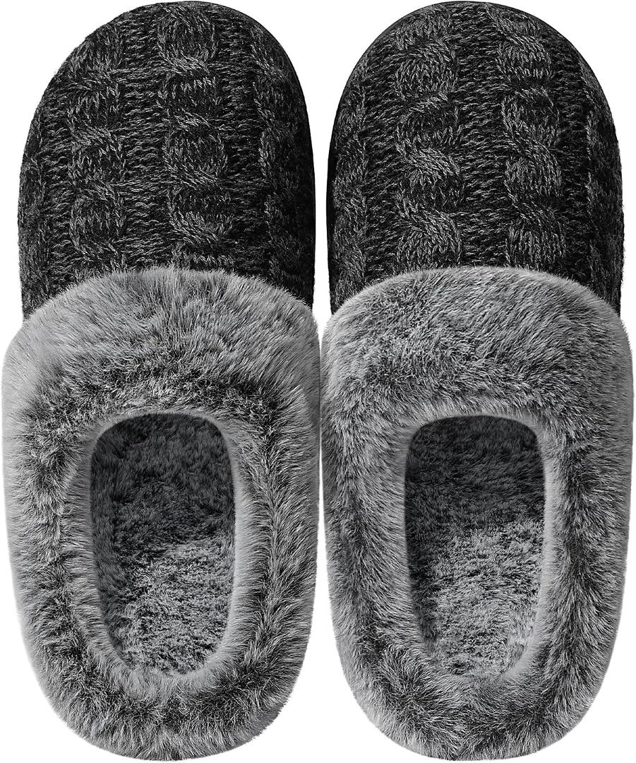 shoeslocker Womens Memory Foam Fuzzy Slippers Knitted House Slippers for Women Comfy Slip-On Warm House Shoes (Gray)