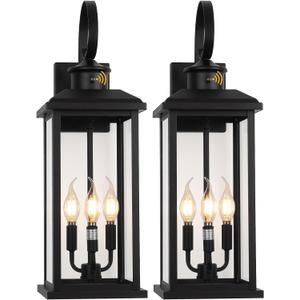 24" Dusk to Dawn Outdoor Wall Light Fixture 2 Pack-Black Extra Large Modern Porch Lantern 3-Light, Waterproof Exterior Lighting Sconce Wall Mount, Outside Lamp for Entryway Garage Coach E12 Base, 2 PK Dusk to Dawn