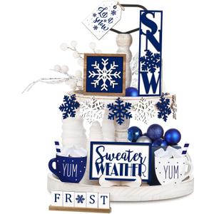 Jetec 12 Pieces Winter Tiered Tray Decor Set Snowflake Wooden Sign Let It Snow Table Decorations Farmhouse Coffee Bar Signs Tray Decor for Home Kitchen Tabletop(Blue)