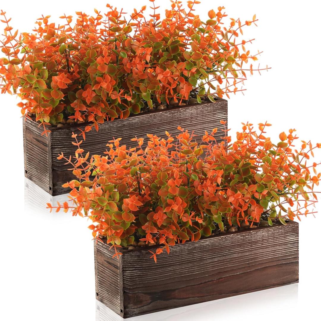 Lyrow 2 Pack Artificial Eucalyptus Plant in Rectangular Rustic Wooden Planter Box Faux Potted Herb Plant Table Centerpiece for Kitchen Windowsill Shelf Decor (Fall,11.4 '')