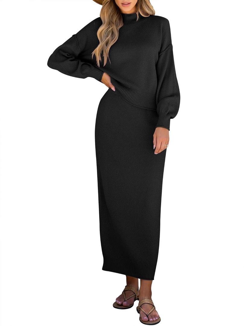 Caracilia 2 Piece Skirt Set for Women Sweater Dress Long Sleeve Oversized Tops Matching Maxi Skirts 2025 Fall Outfits Clothes Black Medium