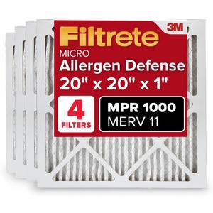 Filtrete 20x20x1 AC Furnace Air Filter, MERV 11, MPR 1000, Micro Allergen Defense, 3-Month Pleated 1-Inch Electrostatic Air Cleaning Filter, 4 Pack (Actual Size 19.69x19.69x0.81 in) (20 x 20 x 1)