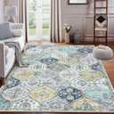 ROYHOME 9x12 Area Rug Large Moroccan Trellis Machine Washable Rug Vintage Medallion Distressed Accent Rug Stain Resistant Non-Slip Floor Cover Carpet for Living Room Bedroom, Blue/Yellow