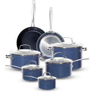 Nuwave Healthy G11-Pots and Pans Set Non Stick, 9H Near-Diamond Hardness Scratch-Resistant, Works on All Stovetops, PFAS Free, with Frying Pans, Saucepans & Glass Lids, Stay-Cool Handles, Deep Blue