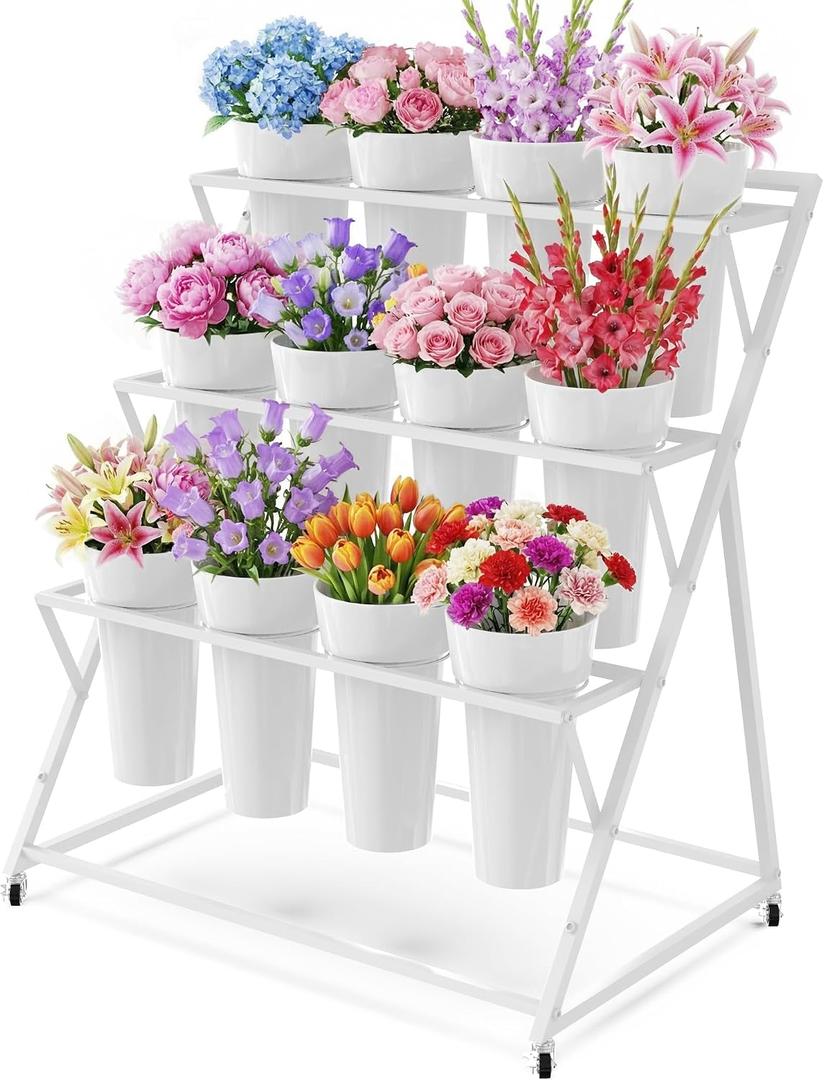 Asee'm Flower Display Stand with 12 Buckets Metal Flower Bar Stand 3 Layer Heavy Duty Flowers Cart Display with Wheels Moving Florist Bouquet Shelf for Indoor Outdoor Patio Decor Terrace Wedding White