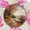 TLESKE Fall Forest Path Landscape Round Wall Art Decor Framed 10x10, Autumn Lake Canvas Wall Art Prints Artwork, Rustic Farmhouse Wall Hanging Room Door Decor Decorations for Bedroom Living Room