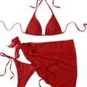 WDIRARA Women's 3 Piece Bathing Suit Triangle Bikini Swimsuit Halter with Cover Up (Red) Small