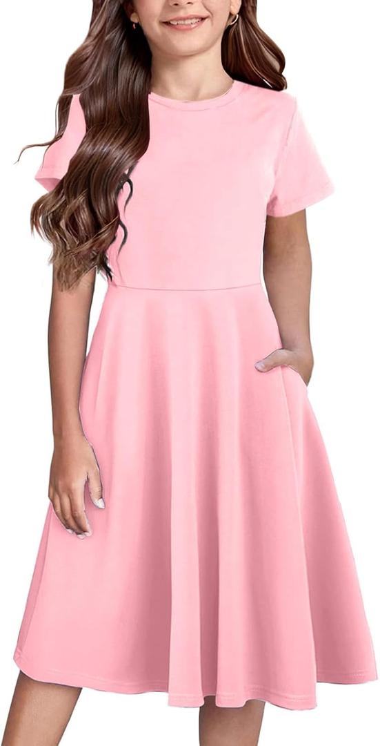 Girls Short Sleeve Dresses Crew Flowy Twirl School Casual Summer Midi Basic Dress Pockets for 7-14 Years Teen Girl, (9-10Y) (Pink)