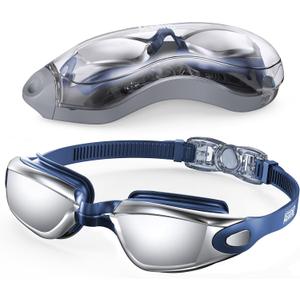Aegend Swim Goggles, Swimming Goggles No Leaking Full Protection Adult Men Women Youth (Bright Sliver With Blue Strap)
