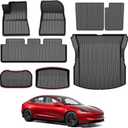 Powerty Floor Mats for 2024 2025 2026 Tesla Model 3 Highland 8 PCS Floor Cargo Liners Full Set All Weather TPE 3D 2 Row Liner Front Rear Storage Mat and Rear Seat Back Mats