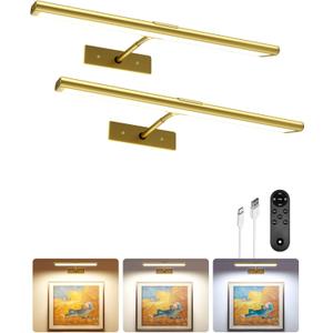 EZVALO Picture Light for Wall, 4800mAh Rechargeable Wireless Remote, Dimmable Magnetic LED Art Display Light with 3 Color Temperatures, for Gallery, Living Room, Bedroom, Hallway (Gold-2Pack)