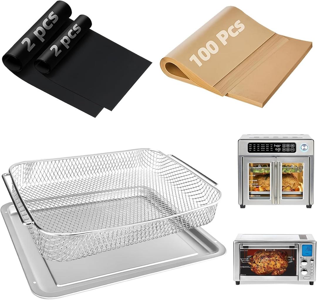 Air Fryer Accessories for Emeril Lagasse 26 Qt Extra Large & Everyday 360, Emeril Lagasse Air Fryer Basket and Pans for Oven with 100Pcs Disposable Parchment Paper, 4Pcs Reusable Teflon Mat