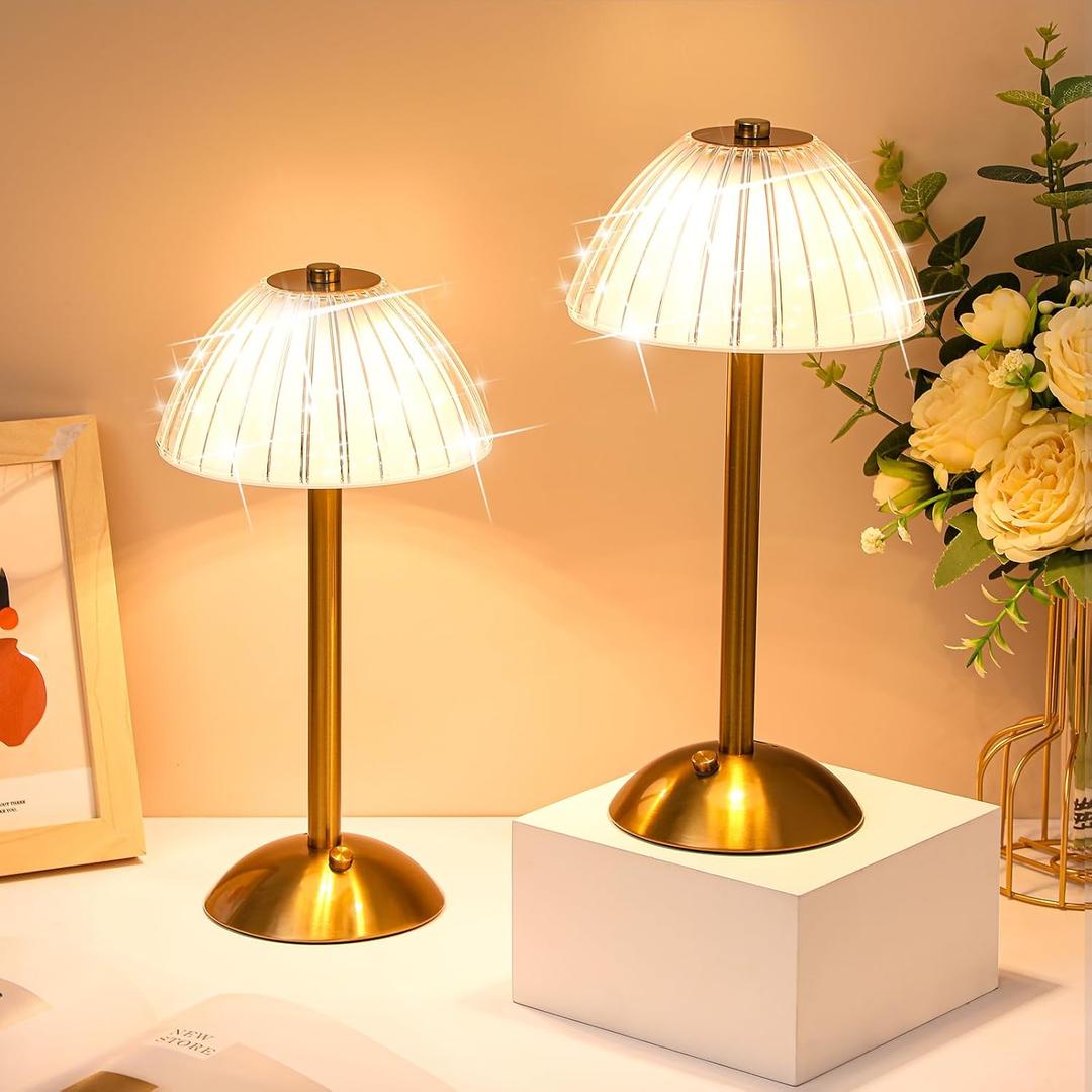 Liliful 2 Pcs LED Portable Cordless Table Lamp Touch Battery Operated Rechargeable Gold Desk Lamp 3 Color Dimmable for Bedroom Living Room Dining (Gold, Mushroom Style)