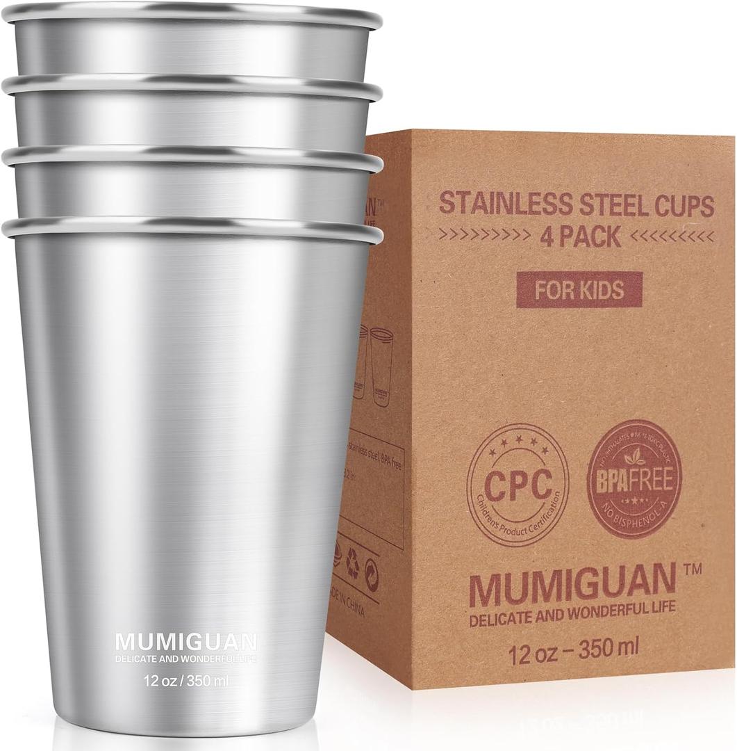 Stainless Steel Cups for Kids 12oz/350ml (4 Pack), Stainless Steel Tumbler, Kids Cups, Camping Stainless Steel Cups, Stackable Metal Drinking Glasses, BPA Free, Stackable, Durable