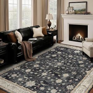 LAISE Vintage Washable Rugs 8x10 Large Foldable Non Slip Low Pile Medallion Soft Carpet with Rubber Backing Non-Shedding for Living Room Bedroom Dining Room Dorm Office Home Decor (Black Golden,8x10)