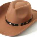 Lanzom Women Men Classic Felt Wide Brim Western Cowboy Cowgirl Hat with Belt Buckle (Large-X-Large, Khaki)
