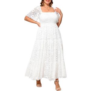 Talisea Women's Plus Size Floral Lace Wedding Boho Dress Flowy Smocked Tiered Maxi Dress 22W White