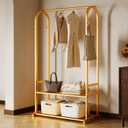 Sturdy Heavy Duty Clothes Rack, Gold Clothing Rack with Bottom Shelves and 6 Side Hooks, Metal Garment Rack for Hanging Clothes for Bedroom