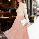 Sequin Tulle Skirts for Women Sparkly Midi Flowy A-Line Party Skirt Layered Skirts (Pink, M)