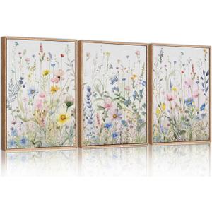 HPINUB Colorful Flower Framed Canvas Wall Art Set, Watercolor Daisy Floral Wall Decor, Wildflower Green Leaf Wall Painting, Multicolour Botanical Art Print for Living Room, Bedroom, Office - 16"x24"x3