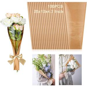 Acrux7 100PCS Flower Bouquet Sleeve, 25.2x11.8x4.7 Inch Brown Kraft Flower Sleeves for Bouquets, Rose Flower Bags for Bouquets Floral Wrapping Paper for Wedding, Graduation, Florist Supplies