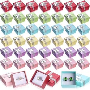 72 Pcs Ring Boxes 1.6 x 1.6 In Hard Cardboard Jewelry Box with Ribbon Bow Small Jewelry Gift Cases for Small Business (Delicate Color)