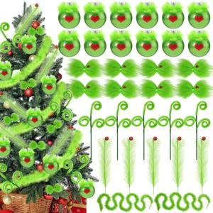 32 Pcs Red Lime Green Furry Christmas Tree Ornament Set Include Furry Christmas Ball Curly Picks Bow Feather Trim for Xmas Tree Garland Office Party Decorations(Glitter Style)