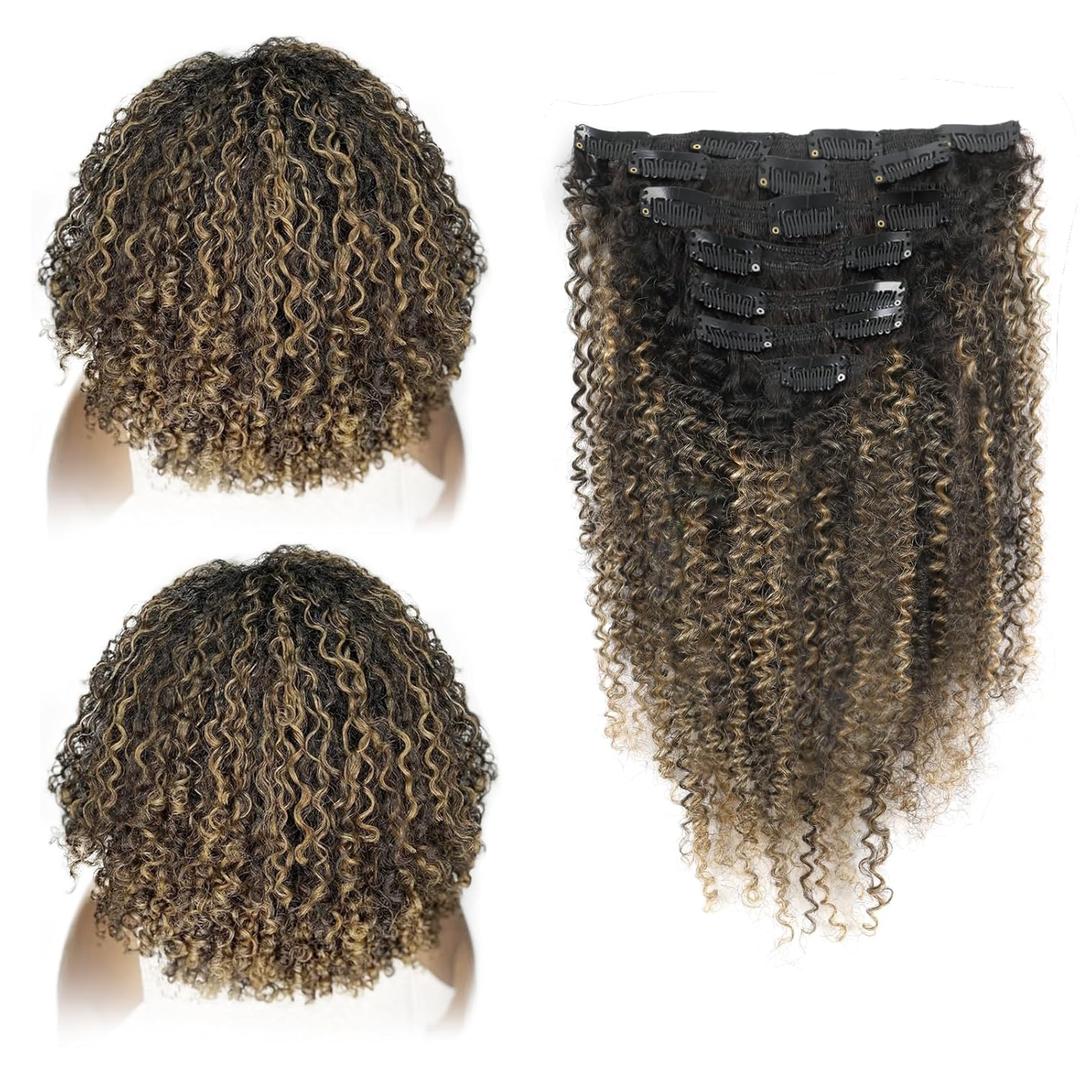 ABH AMAZINGBEAUTY HAIR Kinkys Curly Clip in Hair Extensions 3C and 4A Double Wefts Real Remy Human Hair Curly Clip ins for African Americans 120 Grams, #1BT1BP27 Rooted Highlight Blonde Color 16 Inch