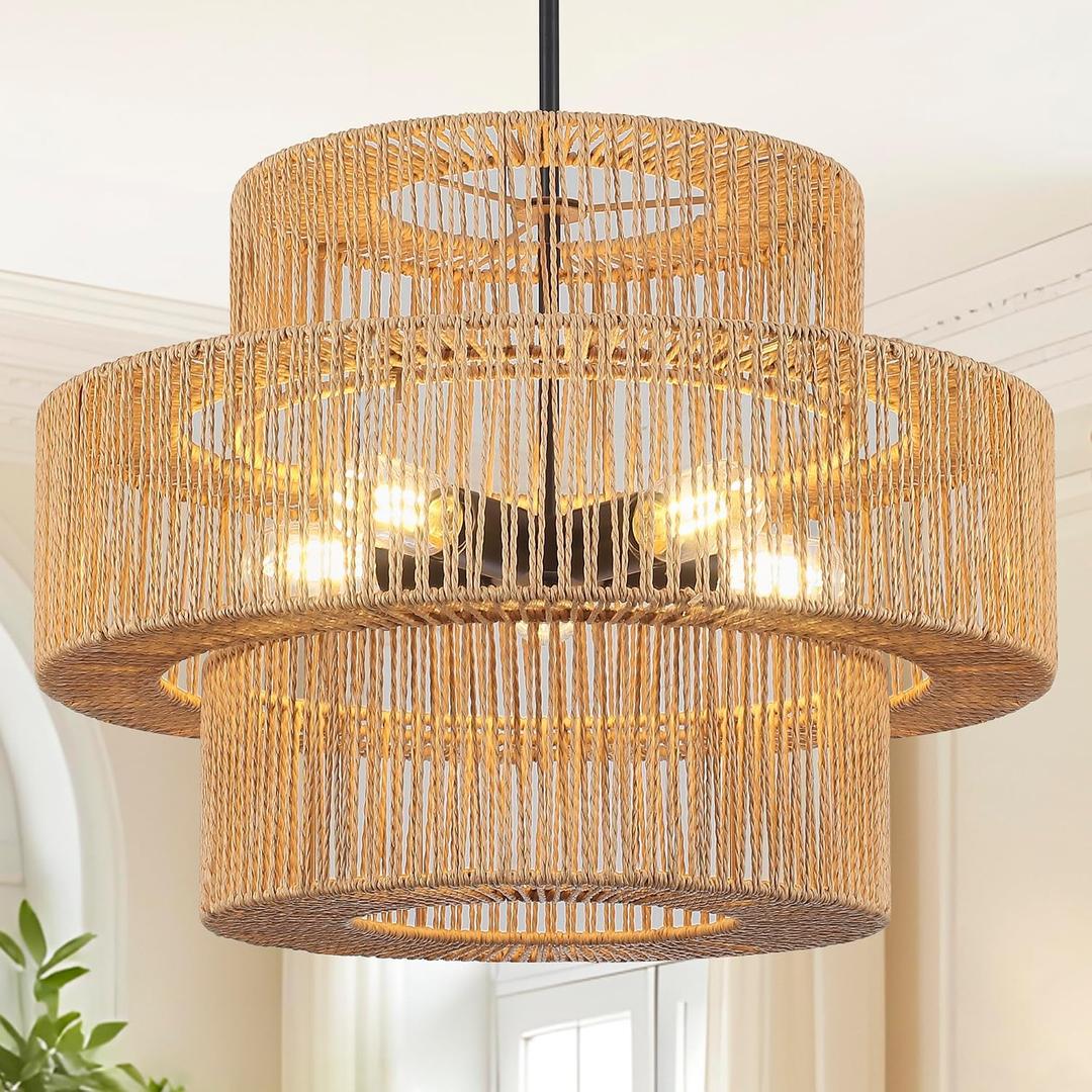 22" Boho Hand Woven Rattan Chandelier Light Fixtures, 5-Lights Farmhouse Pendant Light for Kitchen Island, 3 Round Large Wicker Chandeliers for Dining Room, Living Room, Bedroom, Hallway