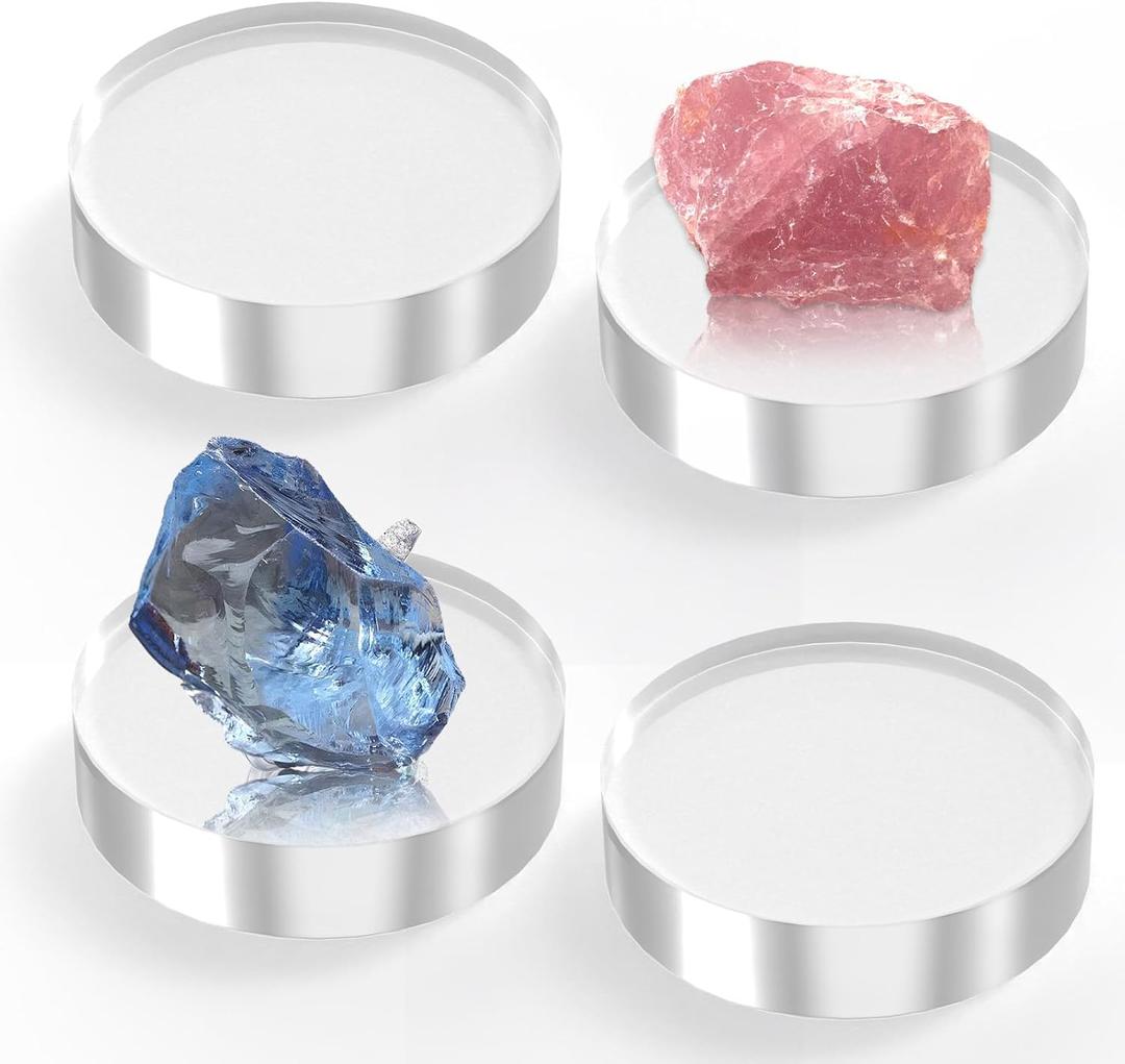 SAMYUCHO Acrylic Blocks 3 X 3 X 1 Inch 4 Pcs Acrylic Base Stand for Display Clear Block Round Riser Display Stands Pedestal Polished Cube for Jewelry trophy Props Collection Ring