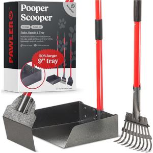 Pawler Pooper Scooper for Large Dogs, Small Dogs and Horses, Metal Poop Scooper Set with Long Handle Rake, Spade and Tray for Yard, Grass, Dirt or Gravel, Heavy Duty Aluminum Poop Picker Upper