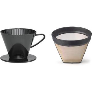 Fino Pour-Over Reusable Coffee Brewing Cone with Gold-Toned Mesh Permanent Coffee Filter, Number 2-Size, Black