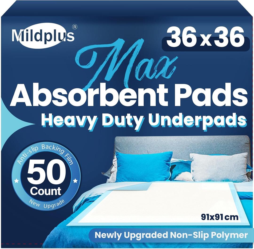 MILDPLUS Heavy Duty Underpad 36''x36'' 50 Count 125 Grams Extra Large Chucks Pads 3XL Disposable Bed Pads, Super Absorbent Incontinence Pads for Adults, Kids, Pee Pads (Blue)