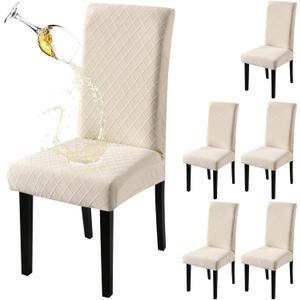 Fuloon Waterproof Dining Chair Covers, Parsons Chair Slipcover, Super Fit Stretch Kitchen Chairs Slipcovers, Removable Washable Chairs Seat Slipcover for Dining Room, Kitchen, Banquet (6 Pack, Beige)