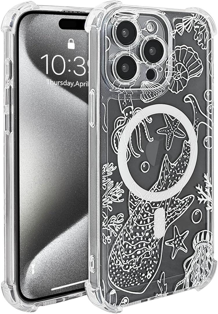for iPhone 15 Pro Max Case Clear Magnetic, Compatible with MagSafe, Ocean Marine Animals Pattern, Slim Shockproof Camera Lens Protection Phone Case for Women Men 6.7" - White