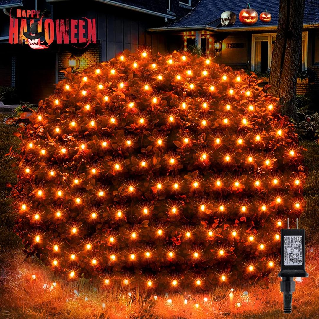 BlcTec Halloween Lights 200 LED 8.4ft x 5.2ft Orange Net Lights with 8 Modes, UL Certified, Timer, Connectable, Waterproof, Dark Green Wire for Trees, Bushes, Shrub, Lawn Halloween Decorations Outdoor