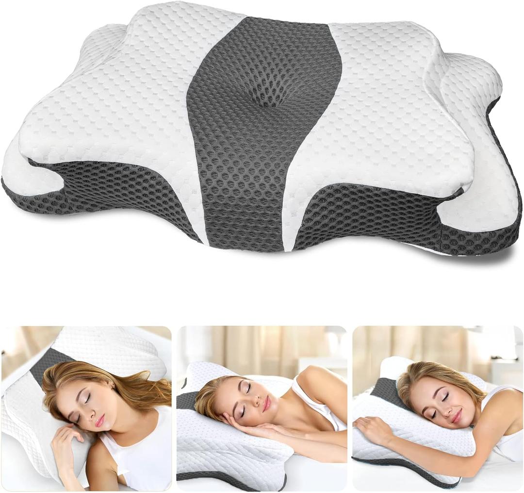 Memory Foam Pillows, Cervical Pillow for Neck and Shoulder Pain Relief, Ergonomic Contour Bed Pillow, Soft for Side Sleep Stomach Sleeping and Back Sleeper (Queen Size-24.8''Lx14.96''Wx5.78''H, Dark Grey)