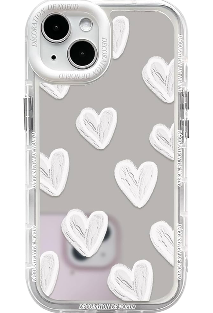 NITITOP Compatible with iPhone 14 Case Cute Glossy Mirror Love Heart Pattern for Women Girls White Frame Design Shockproof Silver Protective Phone Cover - White Heart