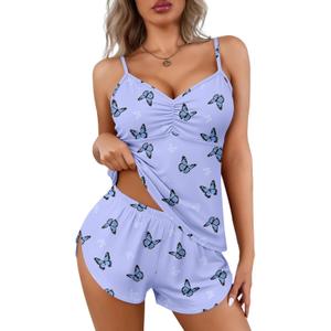 Ekouaer Women Pajamas Set Cami Shorts Set Soft V Neck Sleepwear Sleeveless Lingerie Pjs Set S-XXL (Blue Butterfly)