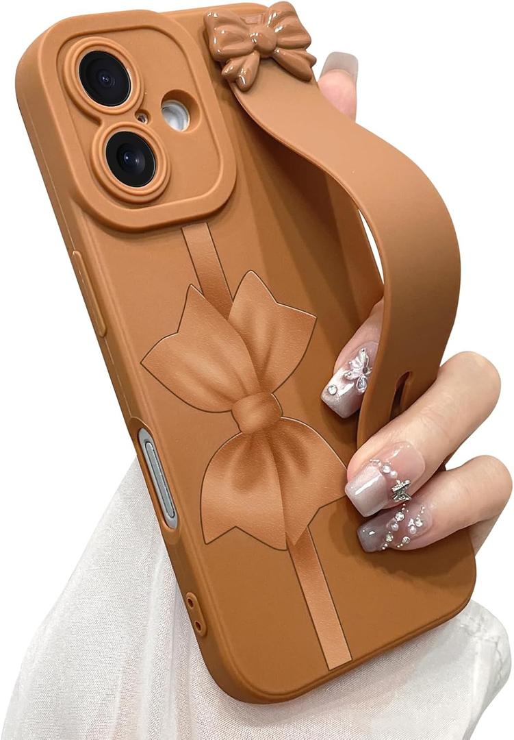 Cute Bow Case for iPhone 16 with Finger Hand Wrist Strap | Ribbon Design with Adjustable Wristband Kickstand Soft TPU Camera Protection Phone Cover for Women Girls - Brown Bow